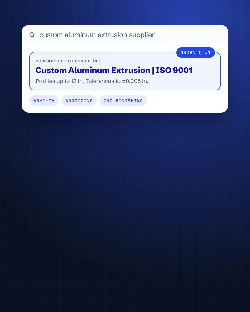 Search result for a custom aluminum extrusion supplier showing capabilities and lead time